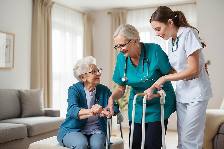 young caregiver helping senior woman walking nurse assisting her old woman patient nursing home senior woman with walking stick being helped by nurse home 952832 41144